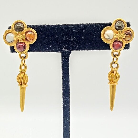 Jewelry - Brushed Matte Gold & Stone Pierced Drop Fashion Earrings